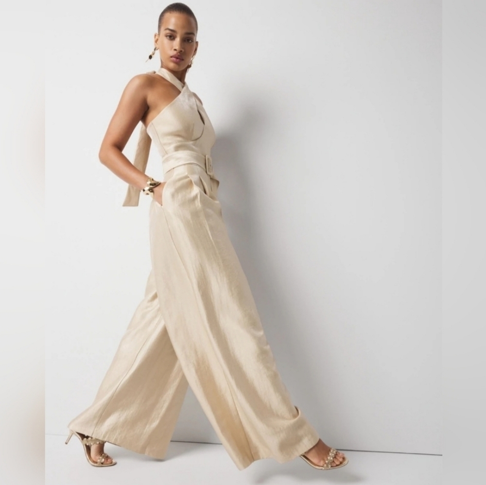 WHBM Champagne Gold Wide Leg Halter‎ Jumpsuit Pockets Cocktail Coquette Sz:12P